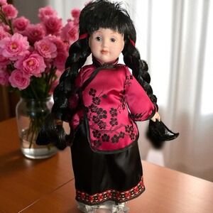 Girl China Doll In Red & Black With Gray/Green  Eyes With Doll Stand Collectible